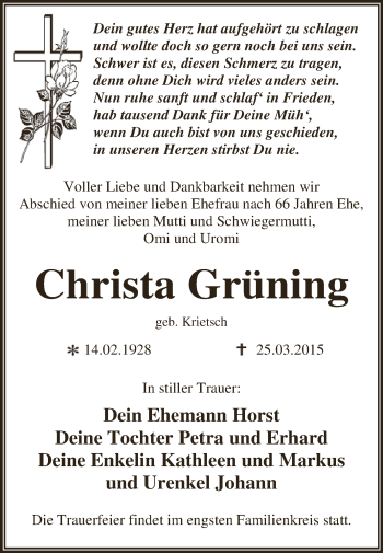 Traueranzeige von Christa Grüning von WVG - Wochenspiegel Dessau / Köthen