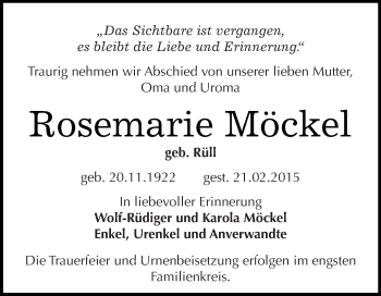 Traueranzeige von Rosemarie Möckel von Super Sonntag Wittenberg
