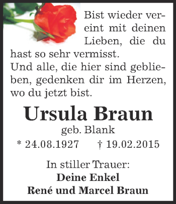 Traueranzeige von Ursula Braun von Super Sonntag Zeitz