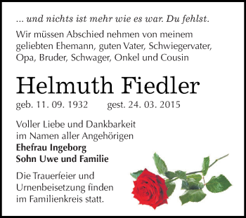 Traueranzeige von Helmuth Fiedler von WVG - Wochenspiegel Dessau / Köthen