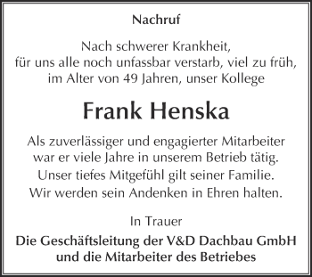 Traueranzeige von Frank Henska von Super Sonntag Wittenberg