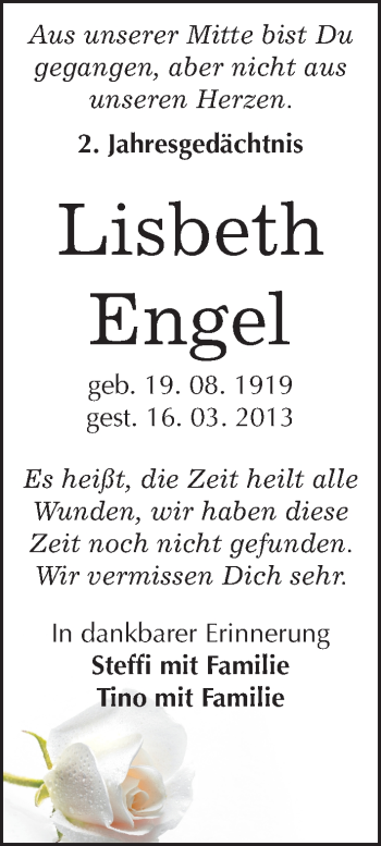 Traueranzeige von Lisbeth Engel von Mitteldeutsche Zeitung Halle/Saalkreis