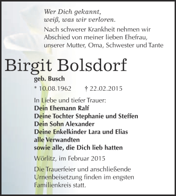 Traueranzeige von Birgit Bolsdorf von WVG - Wochenspiegel Wittenberg