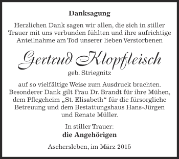 Traueranzeige von Gertrud Klopfleisch von Super Sonntag Aschersleben