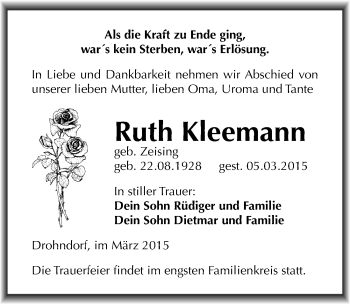 Traueranzeige von Ruth Kleemann von Mitteldeutsche Zeitung Aschersleben