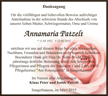 Traueranzeige von Annamaria Patzelt von Super Sonntag SGH Mansf. Land