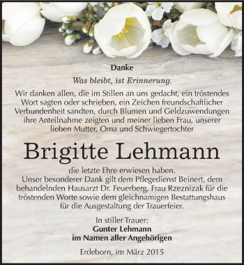 Traueranzeige von Brigitte Lehmann von Mitteldeutsche Zeitung Mansfelder Land