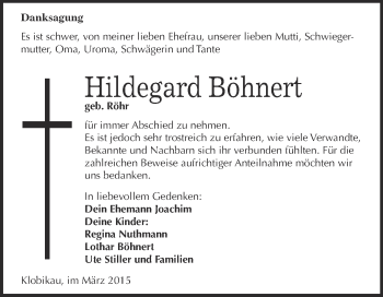Traueranzeige von Hildegard Böhnert von WVG - Wochenspiegel Merseburg