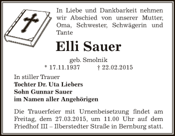 Traueranzeige von Elli Sauer von Super Sonntag Bernburg