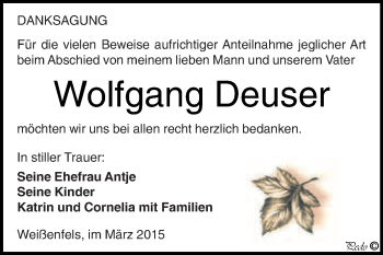 Traueranzeige von Wolfgang Deuser von WVG - Wochenspiegel NMB / WSF / ZTZ