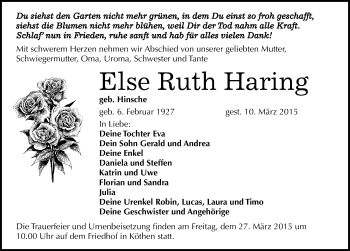 Traueranzeige von Else Ruth Haring von Mitteldeutsche Zeitung Köthen