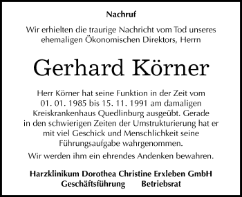 Traueranzeige von Gerhard Körner von Mitteldeutsche Zeitung Quedlinburg