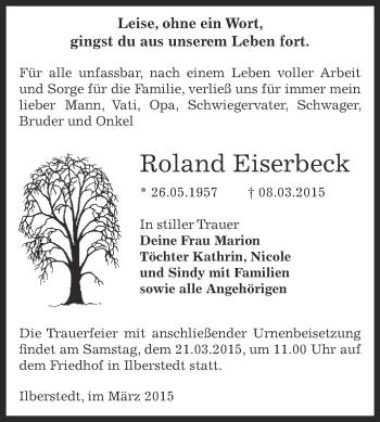 Traueranzeige von Roland Eiserbeck von Super Sonntag Bernburg