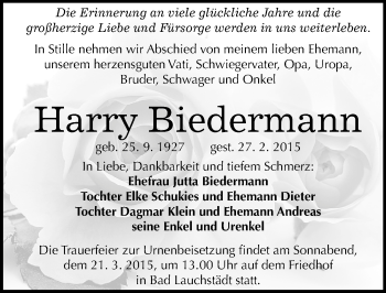 Traueranzeige von Harry Biedermann von Mitteldeutsche Zeitung Merseburg/Querfurt