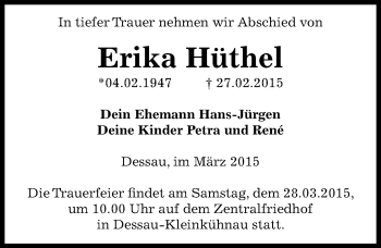 Traueranzeige von Erika Hüthel von Mitteldeutsche Zeitung Dessau-Roßlau
