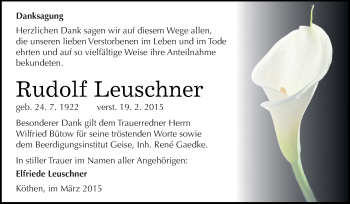 Traueranzeige von Rudolf Leuschner von WVG - Wochenspiegel Dessau / Köthen