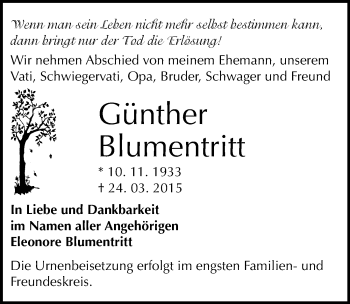 Traueranzeige von Günther Blumentritt von Mitteldeutsche Zeitung Weißenfels