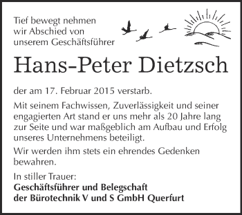 Traueranzeige von Hans-Peter Dietzsch von WVG - Wochenspiegel Merseburg