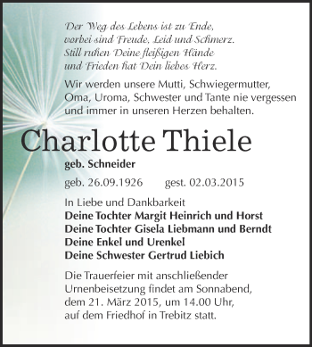 Traueranzeige von Charlotte Thiele von Super Sonntag Wittenberg
