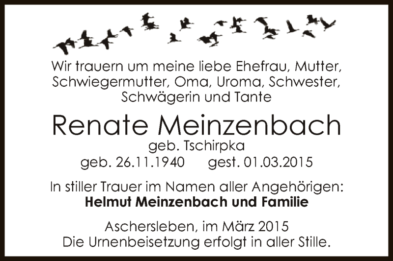  Traueranzeige für Renate Meinzenbach vom 08.03.2015 aus Super Sonntag Aschersleben