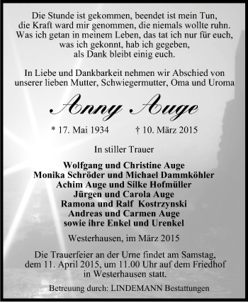 Traueranzeige von Anny Auge von Super Sonntag Quedlinburg