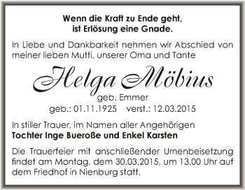 Traueranzeige von Helga Möbius von Super Sonntag Bernburg