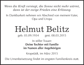 Traueranzeige von Helmut Belitz von WVG - Wochenspiegel Wittenberg