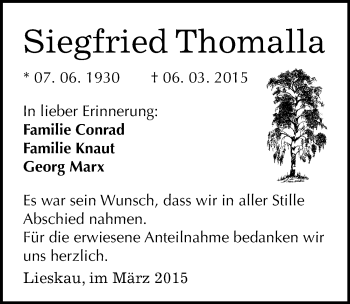 Traueranzeige von Siegfried Thomalla von Mitteldeutsche Zeitung Halle/Saalkreis