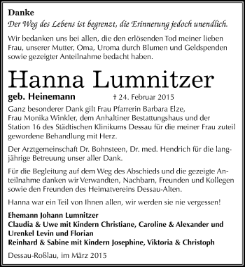 Traueranzeige von Hanna Lumnitzer von Mitteldeutsche Zeitung Dessau-Roßlau