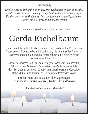 Traueranzeige von Gerda Eichelbaum von Mitteldeutsche Zeitung Wittenberg