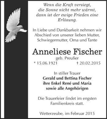 Traueranzeige von Anneliese Fischer von Super Sonntag Zeitz