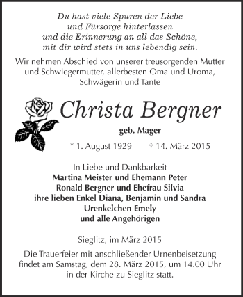 Traueranzeige von Christa Bergner von WVG - Wochenspiegel NMB / WSF / ZTZ