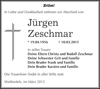 Traueranzeige von Jürgen Zeschmar von WVG - Wochenspiegel NMB / WSF / ZTZ