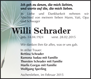 Traueranzeige von Willi Schrader von Mitteldeutsche Zeitung Aschersleben