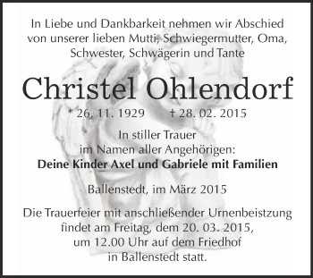 Traueranzeige von Christel Ohlendorf von WVG - Wochenspiegel Quedlinburg