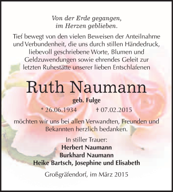 Traueranzeige von Ruth Naumann von WVG - Wochenspiegel Merseburg