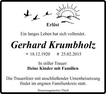 Traueranzeige von Gerhard Krumbholz von Super Sonntag Quedlinburg