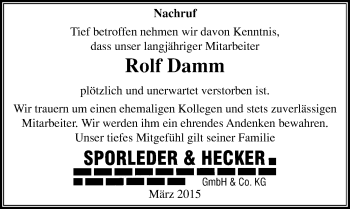 Traueranzeige von Rolf Damm von Mitteldeutsche Zeitung Quedlinburg