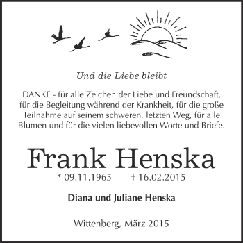 Traueranzeige von Frank Henska von Super Sonntag Wittenberg