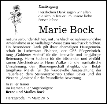 Traueranzeige von Marie Bock von Mitteldeutsche Zeitung Quedlinburg