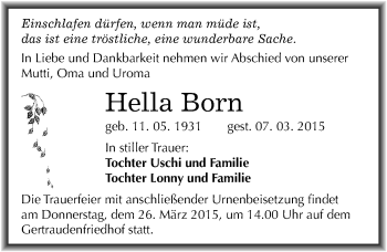 Traueranzeige von Hella Born von Mitteldeutsche Zeitung Halle/Saalkreis