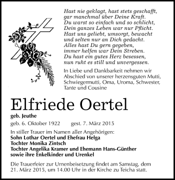 Traueranzeige von Elfriede Oertel von Mitteldeutsche Zeitung Halle/Saalkreis