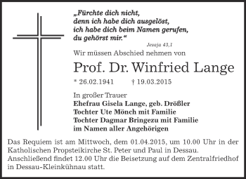 Traueranzeige von Winfried Lange von WVG - Wochenspiegel Dessau / Köthen