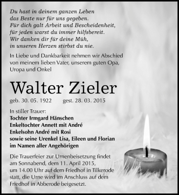 Traueranzeige von Walter Zieler von Mitteldeutsche Zeitung Mansfelder Land