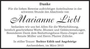 Traueranzeige von Marianne Liebl von Super Sonntag Aschersleben
