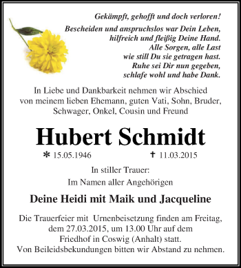 Traueranzeige von Hubert Schmidt von WVG - Wochenspiegel Dessau / Köthen