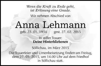 Traueranzeige von Anna Lehmann von Mitteldeutsche Zeitung Wittenberg