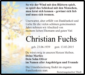 Traueranzeige von Christian Fuchs von Super Sonntag Quedlinburg