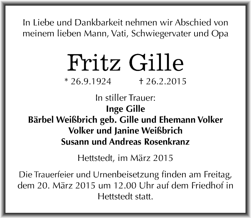  Traueranzeige für Fritz Gille vom 12.03.2015 aus Mitteldeutsche Zeitung Mansfelder Land