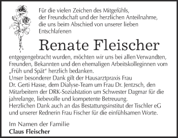 Traueranzeige von Renate Fleischer von WVG - Wochenspiegel Wittenberg